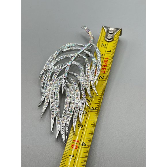 Vintage Rhinestones Feather Pin Brooch Silver Tone Aurora Borealis Oversized Pin - Picture 9 of 9